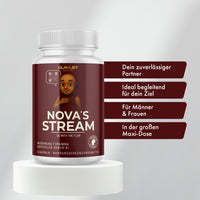 Thumbnail for Weiße Kunststoffdose mit Etikett NOVA’S STREAM auf Podest und Textfeldern mit Werbebotschaften