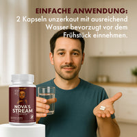 Thumbnail for Mann mit Kapseln in offener Hand und Glas Wasser, daneben Dose NOVA’S STREAM im Vordergrund