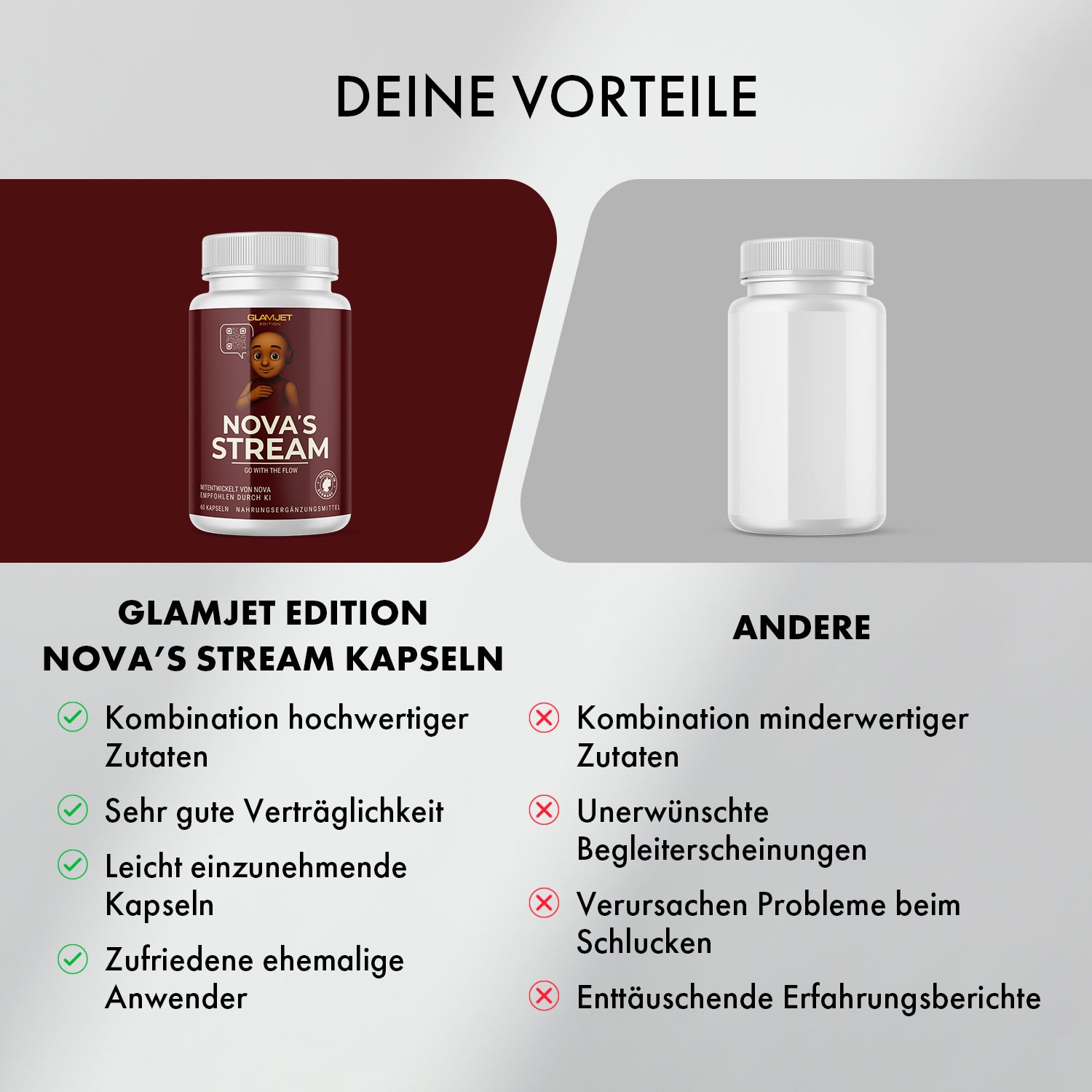 Comparison of NOVA'S STREAM can with advantages and white can with disadvantages side by side