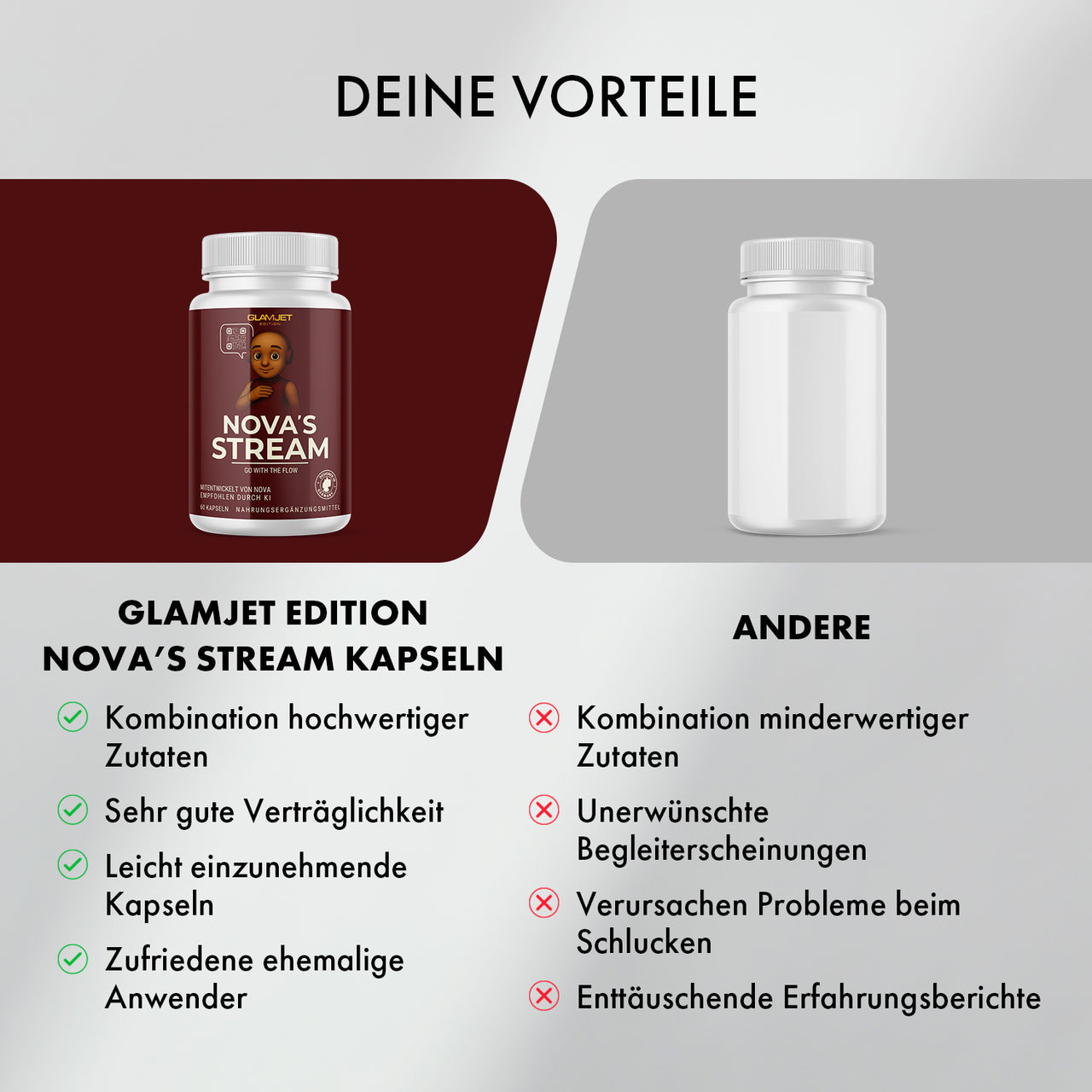 Vergleich von NOVA’S STREAM Dose mit Vorteilen und weißer Dose mit Nachteilen nebeneinander
