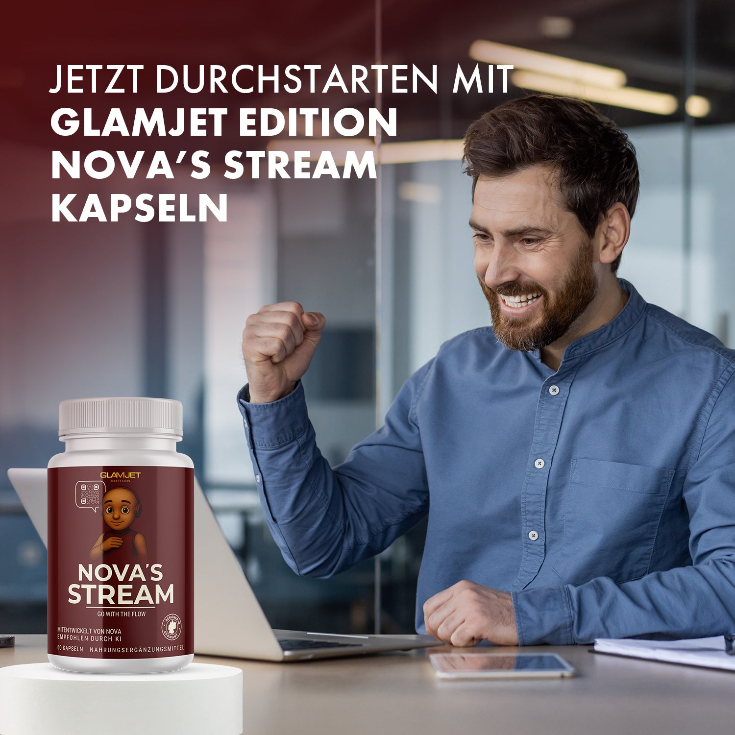 Can of NOVA'S STREAM in the foreground, man at desk shows positive reaction on laptop