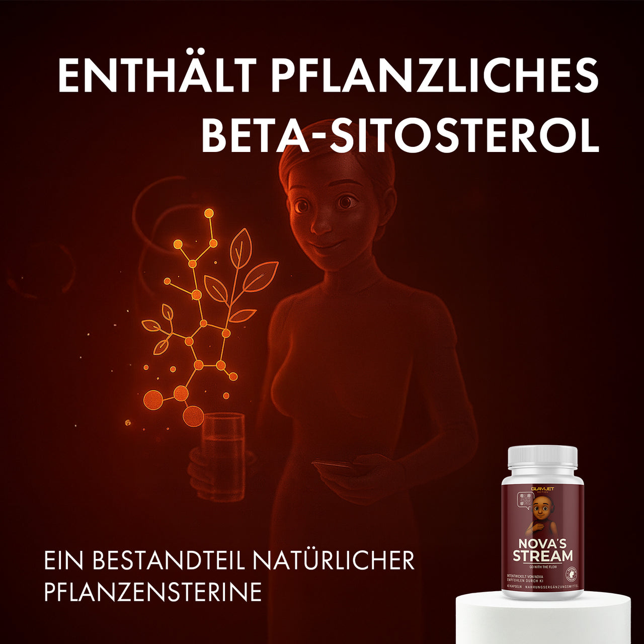 Animierte Frau mit Molekülgrafik, Text „Beta-Sitosterol“, Dose NOVA'S STREAM sichtbar