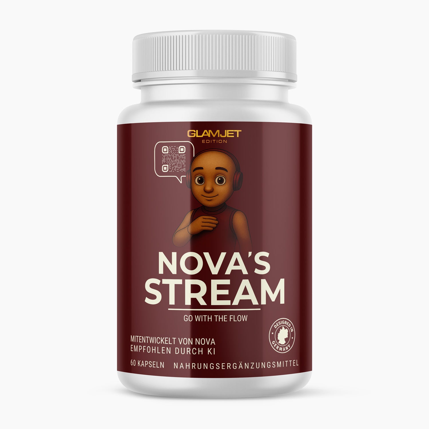 White plastic container with burgundy label and NOVA'S STREAM lettering containing 60 capsules