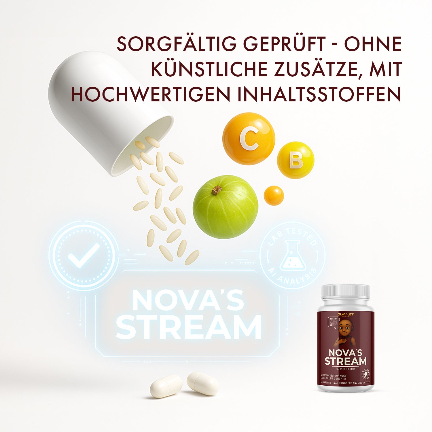 Illustration with flying rice from capsule, vitamins C and B, fruit and red can