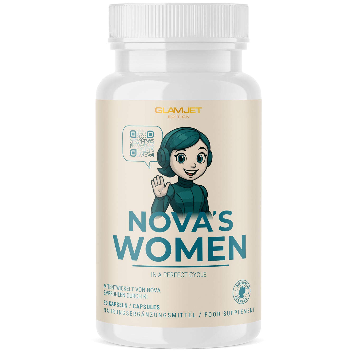 White plastic container with NOVA'S WOMEN figure and 90 capsules
