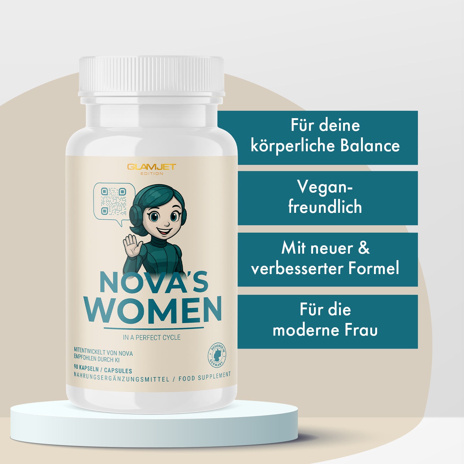 White tin NOVA'S WOMEN with female figure next to four blue information texts