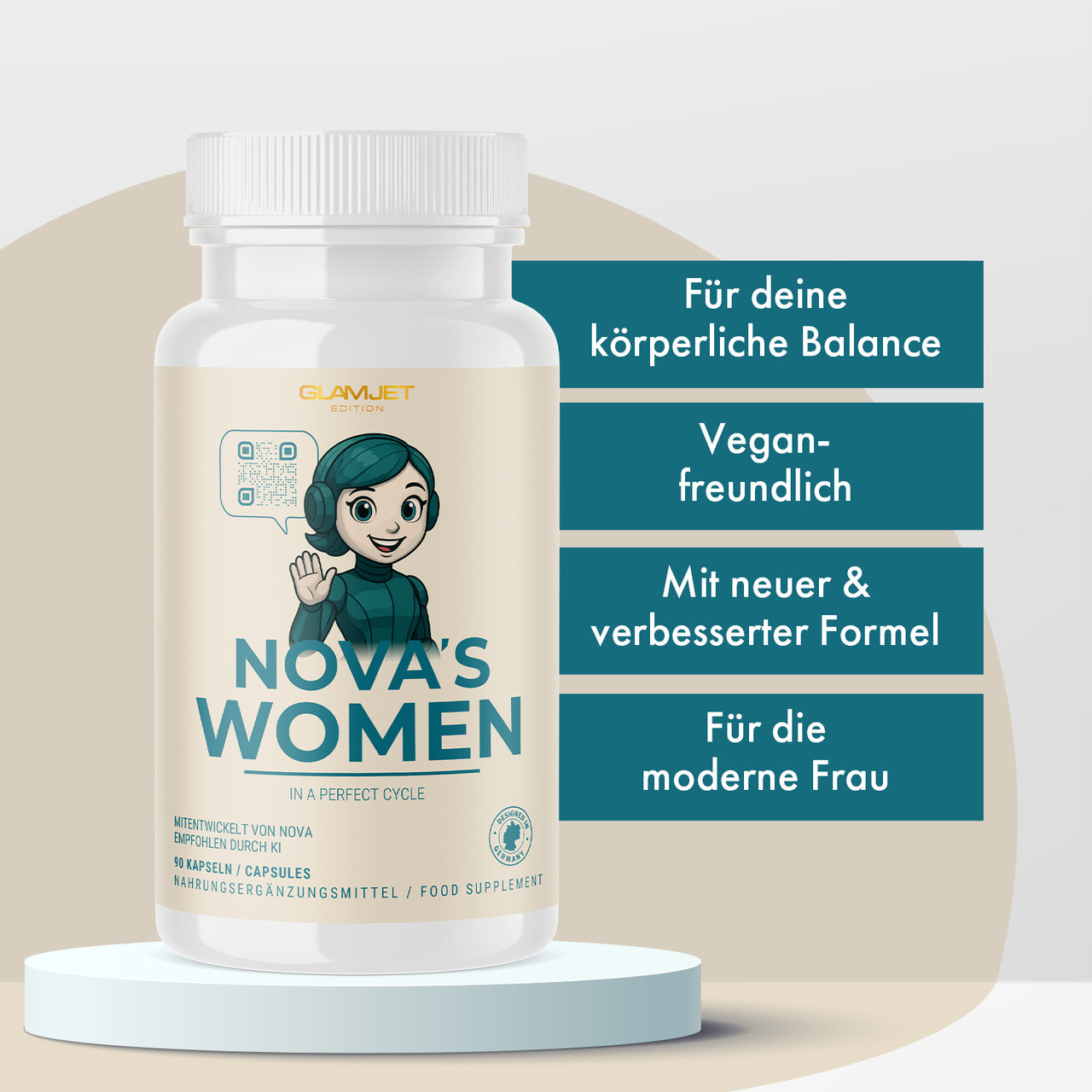Weiße Dose NOVA'S WOMEN mit weiblicher Figur daneben vier blaue Infotexte