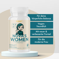 Thumbnail for Weiße Dose NOVA'S WOMEN mit weiblicher Figur daneben vier blaue Infotexte