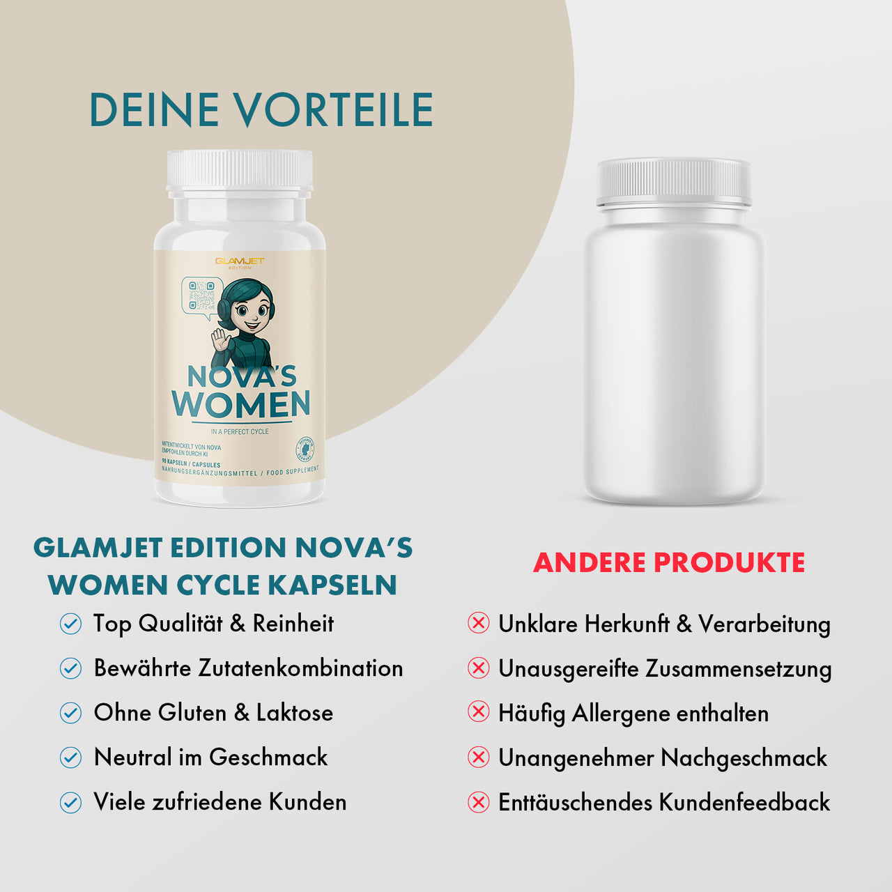 Gegenüberstellung von NOVA'S WOMEN und anderer Dose mit jeweiliger Aufzählung von Merkmalen
