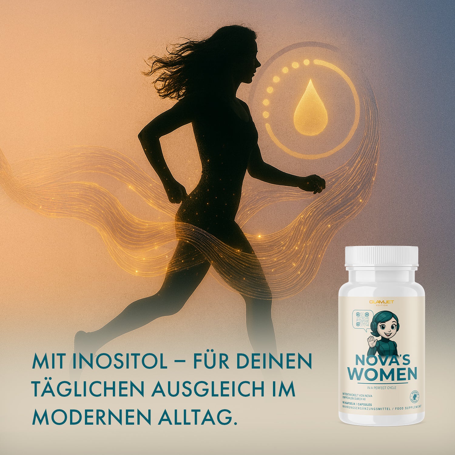 Silhouette of a running woman against an orange background, right can of NOVA'S WOMEN