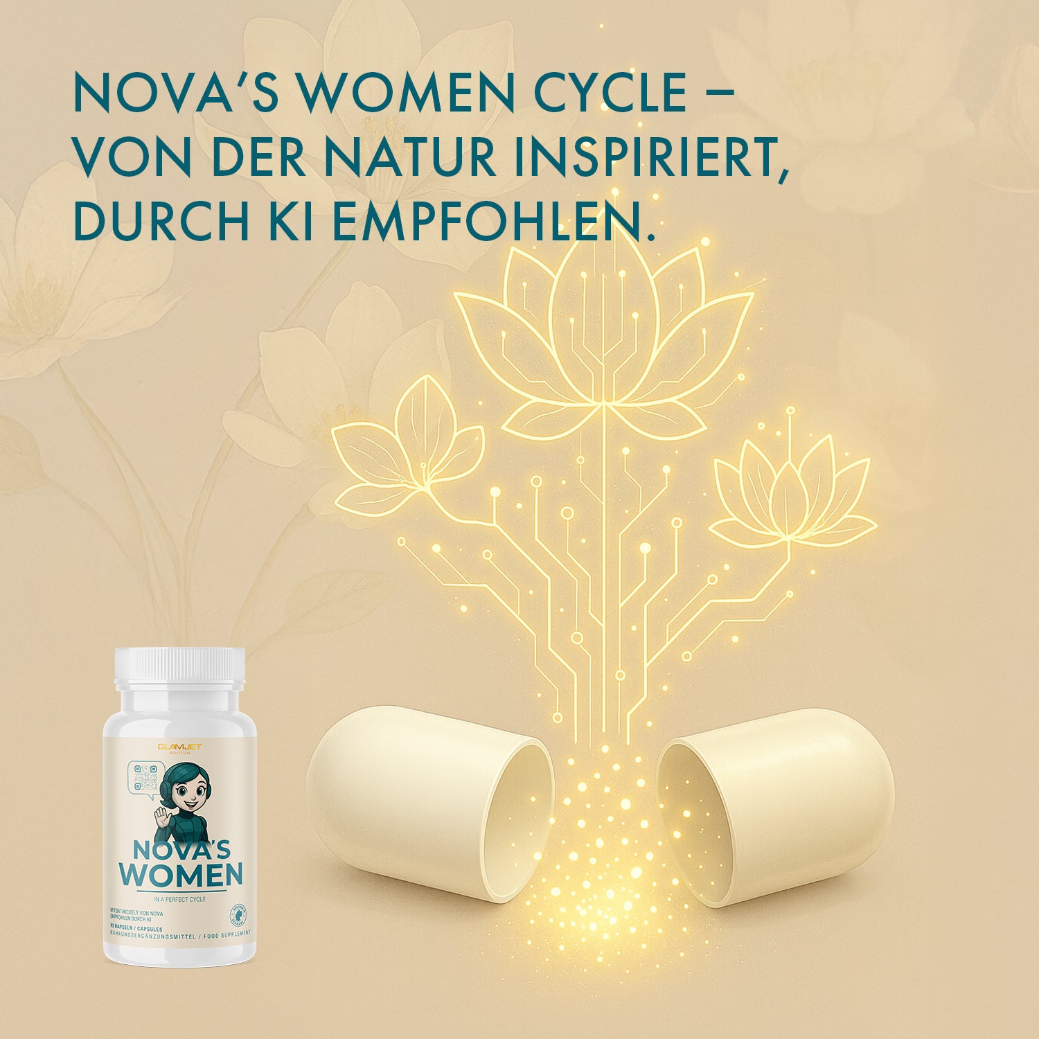 Can of NOVA'S WOMEN next to opened capsule with yellow light graphic in flower look