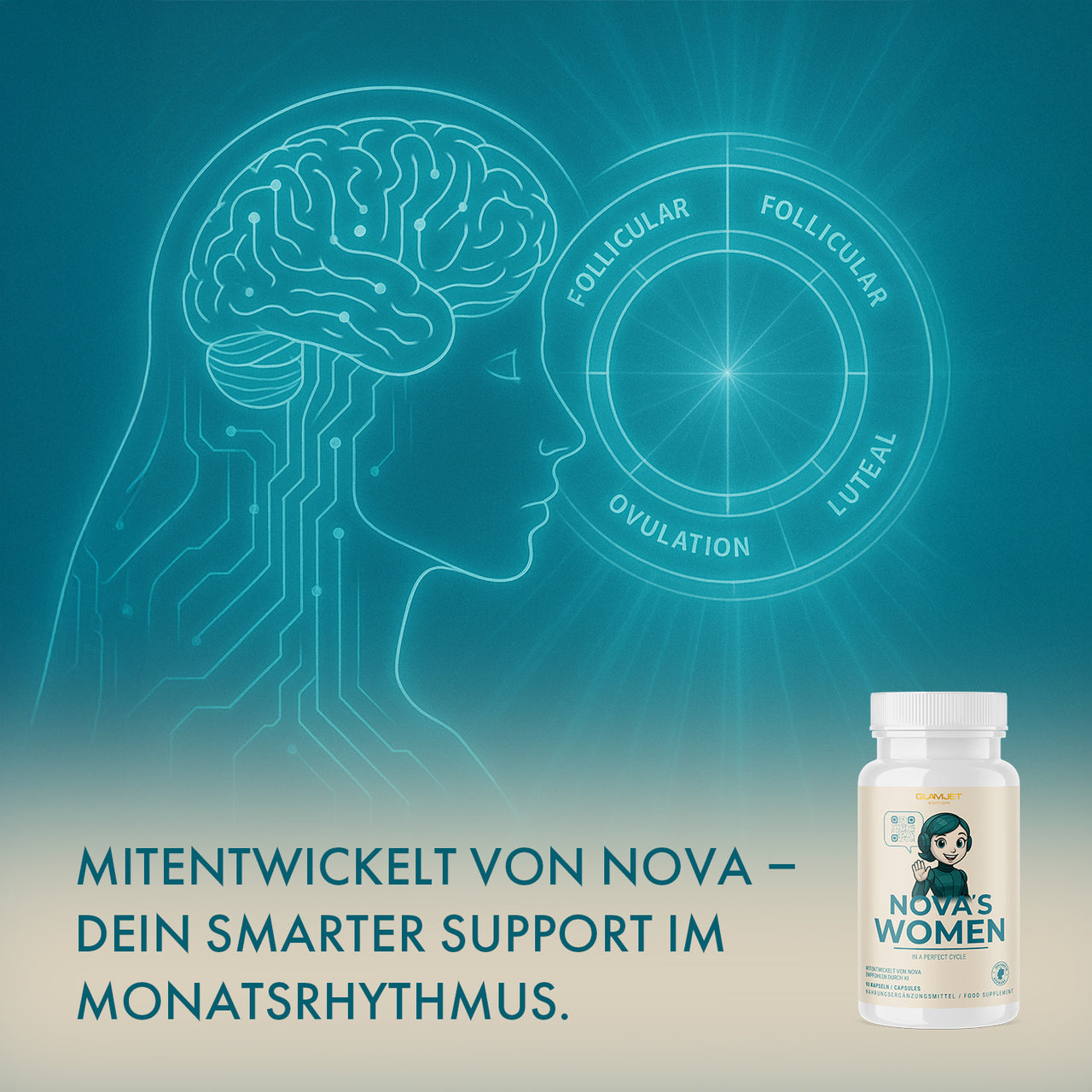 Technisch gezeichneter Frauenkopf mit Zyklusphasen-Diagramm, unten rechts Dose NOVA'S WOMEN