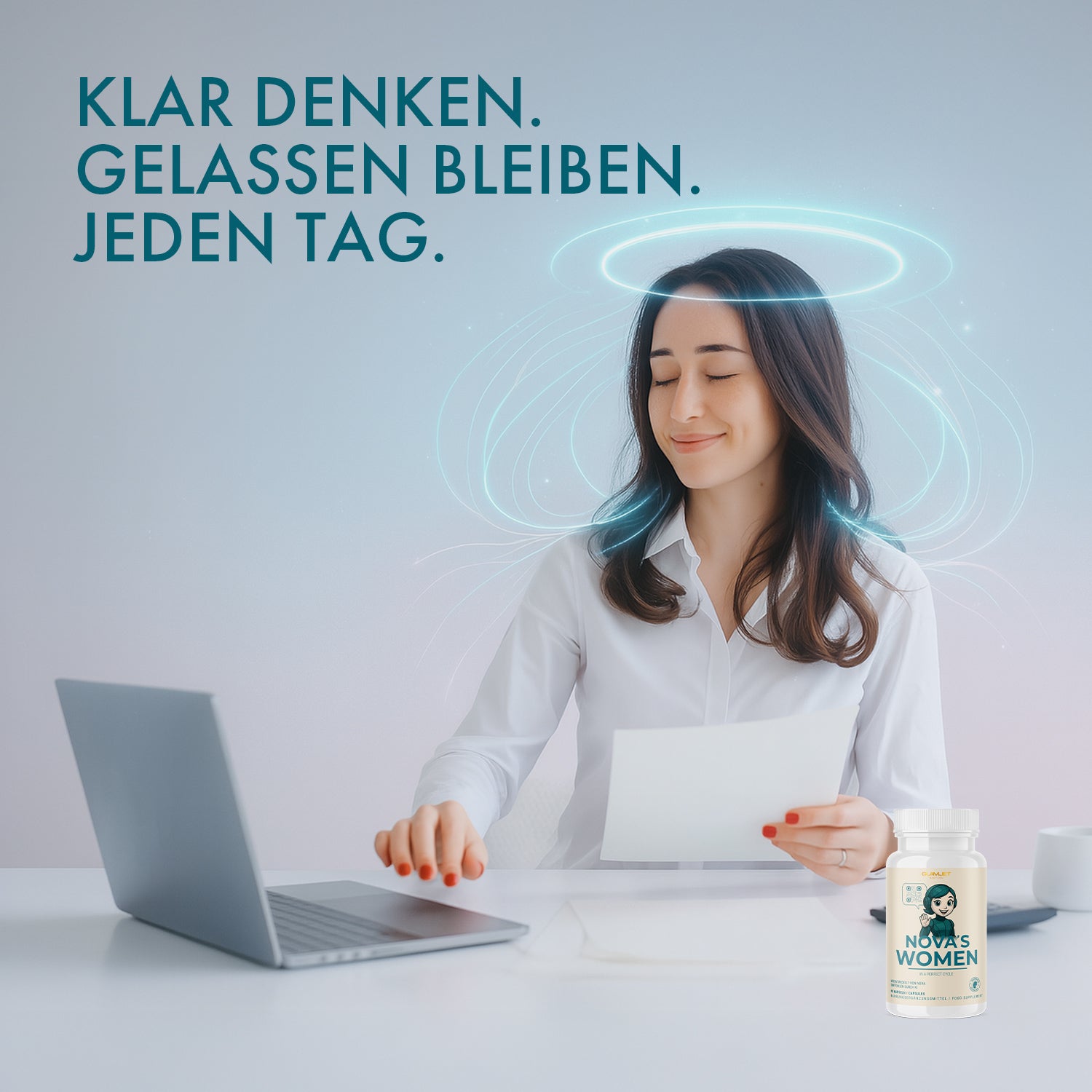 Woman with dark hair at desk in front of laptop with can of NOVA'S WOMEN on the right side of the picture