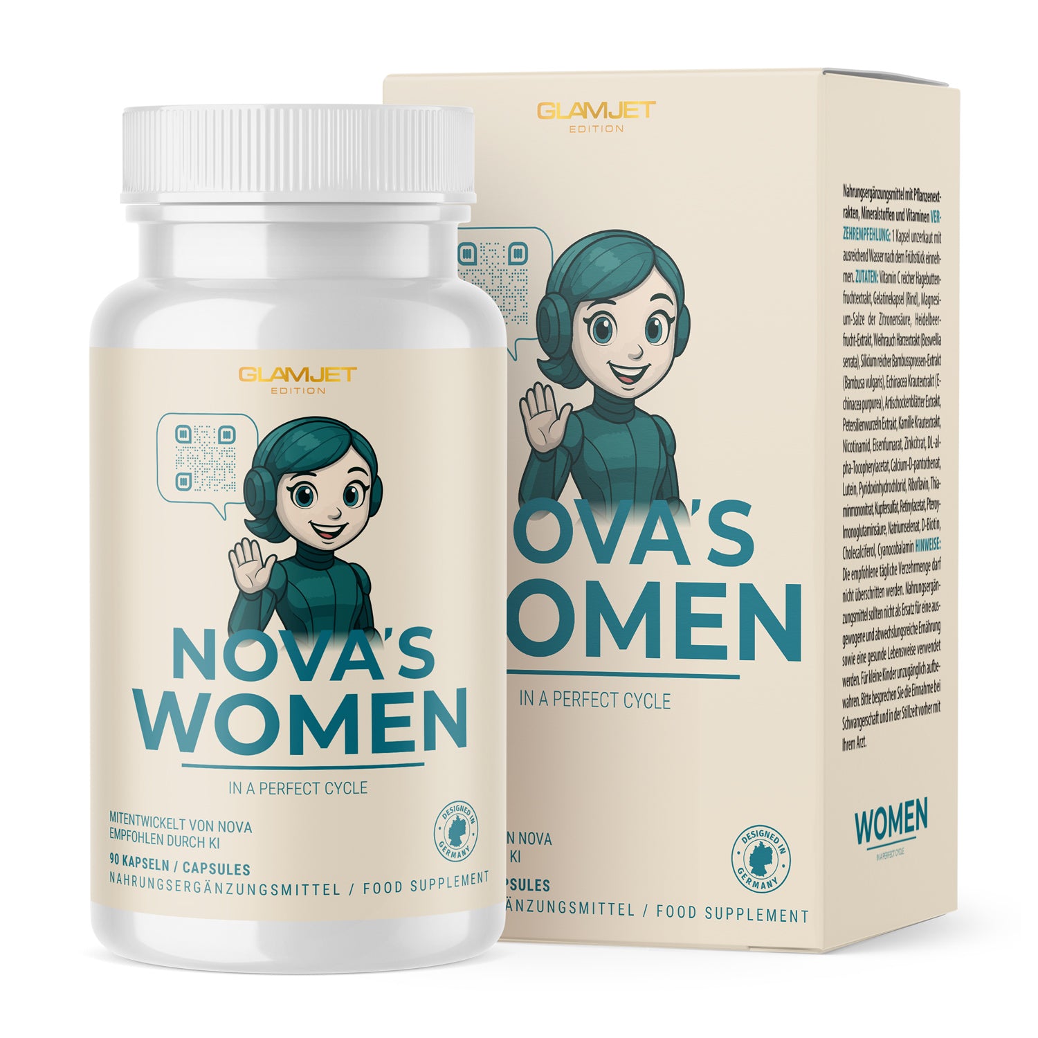 White plastic container in front of a matching folding box with NOVA'S WOMEN figure and 90 capsules