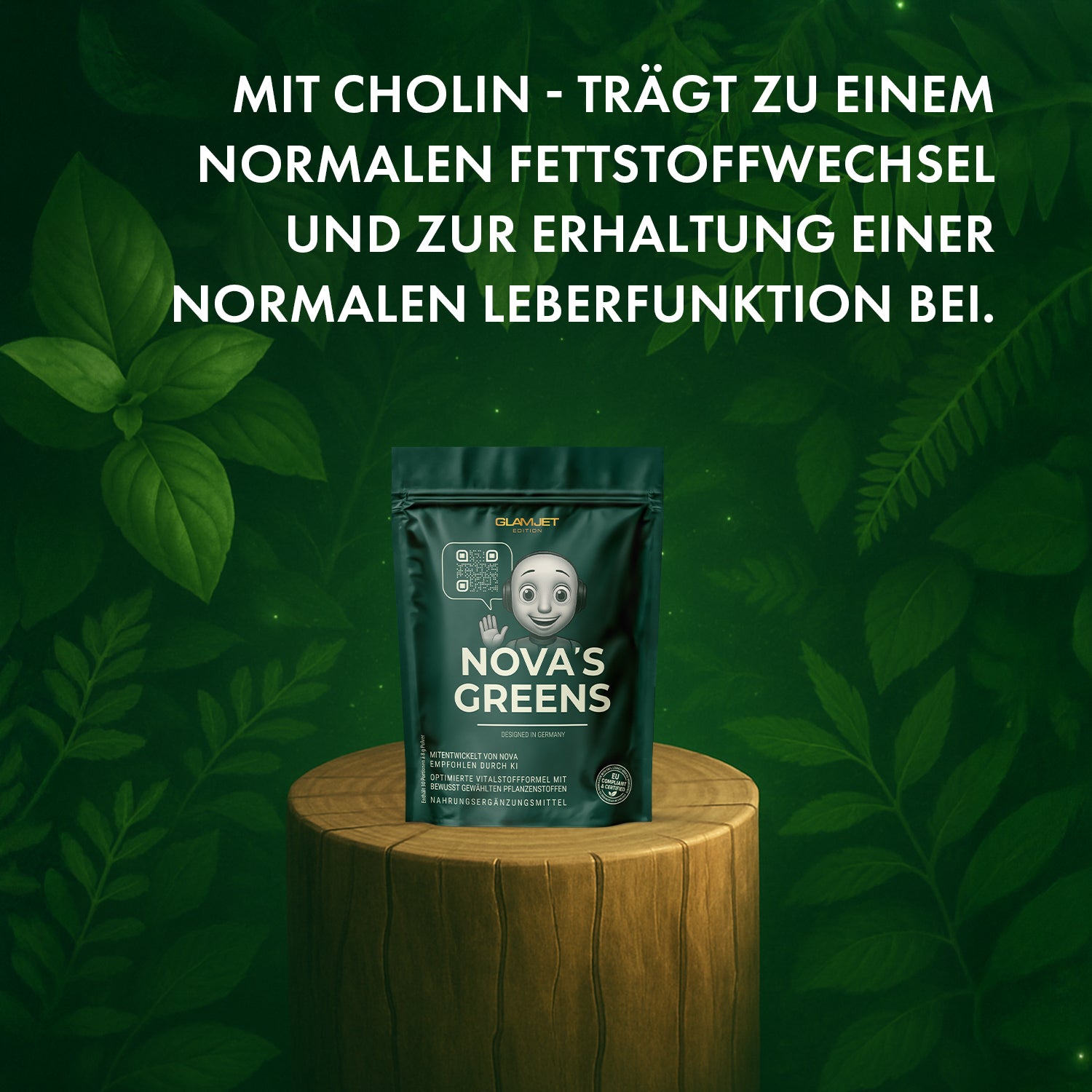 Standbeutel Nova’s Greens mit KI-Figur auf Holzfläche vor grünem Blätterhintergrund mit Cholin-Hinweis