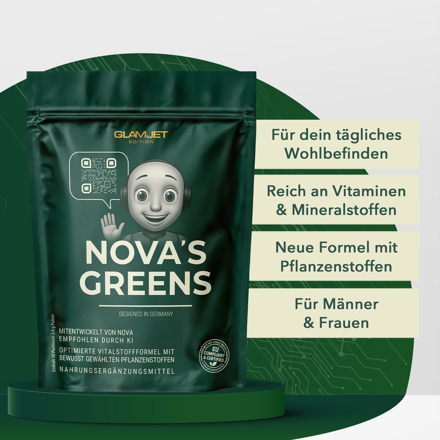 Standbeutel Nova’s Greens mit KI-Figur vor Infotext zu Vitaminen Pflanzenstoffen und Zielgruppen