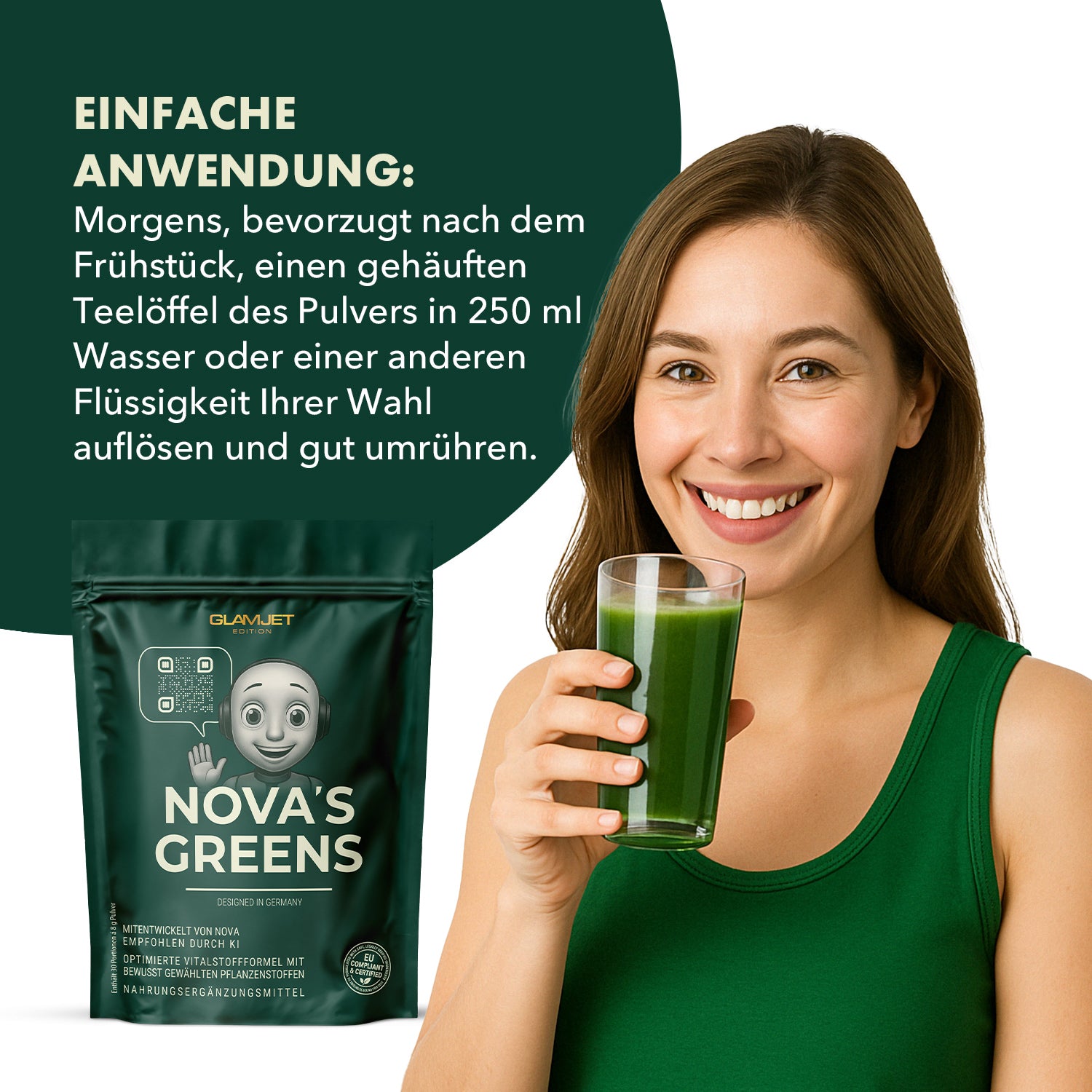 Frau in grünem Top hält Glas mit grünem Getränk neben Nova’s Greens Beutel und Anwendungshinweis