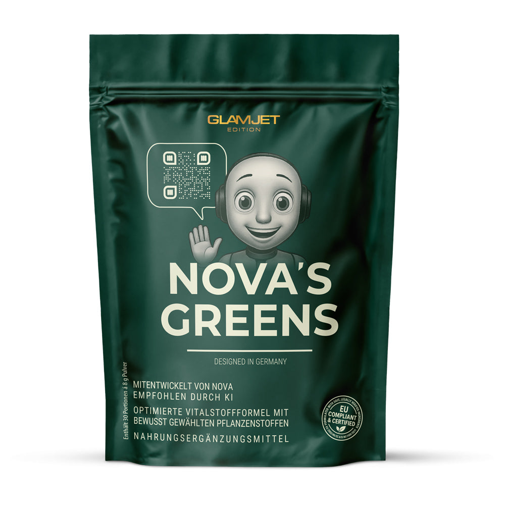 Grüne Beutelverpackung NOVA'S GREENS mit QR-Code, KI-Figur und Hinweis auf Pflanzenstoffe