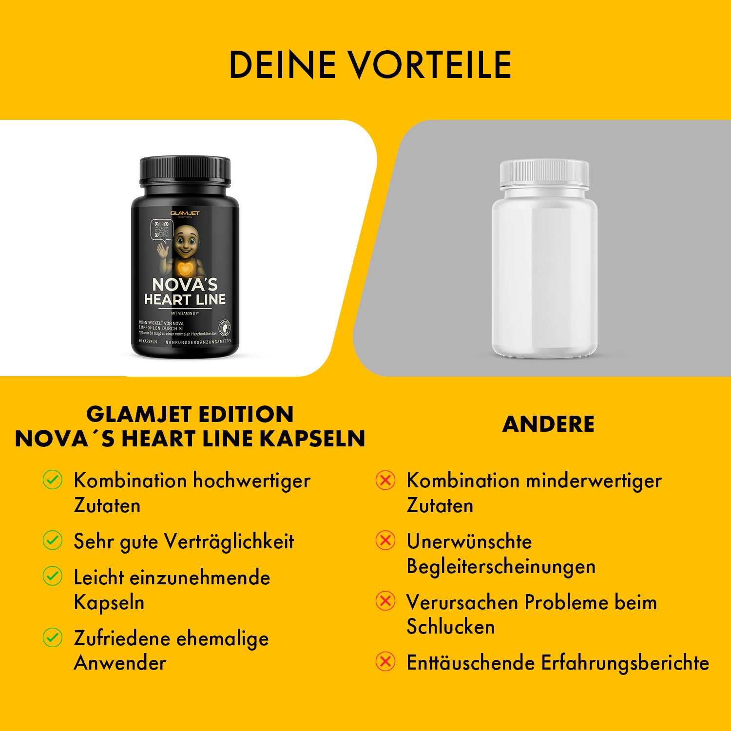 Comparison of black can of NOVA'S HEART LINE with 60 capsules next to white can without label