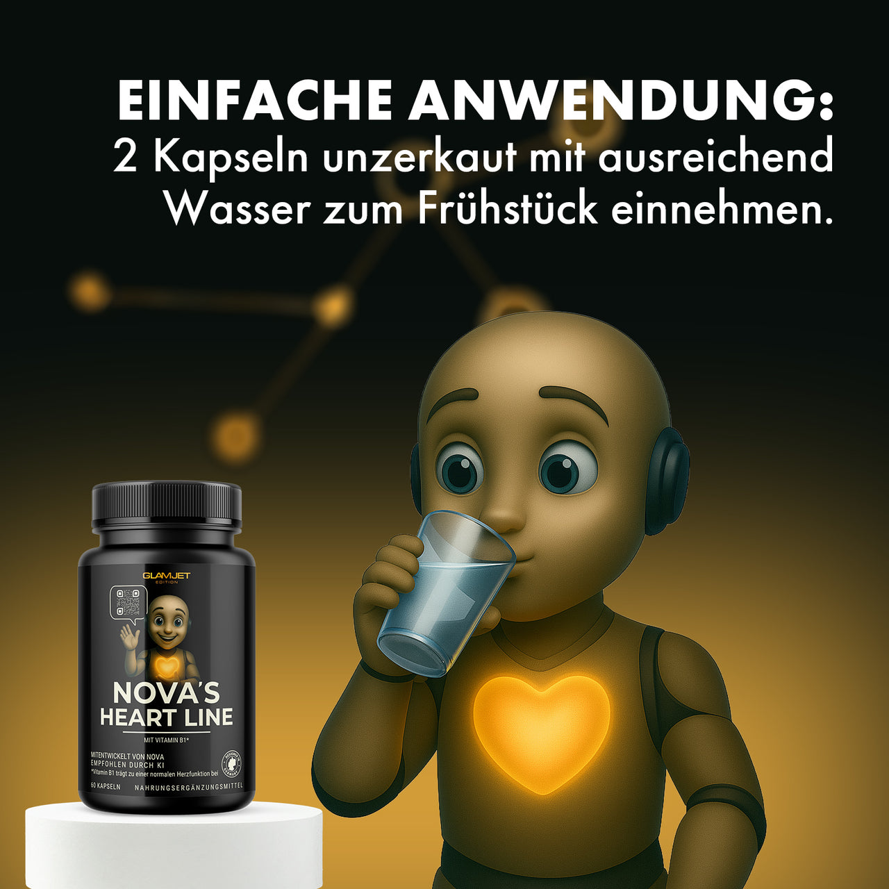 Animierte Figur trinkt Wasser neben Dose Nova’s Heart Line mit Einnahmehinweis für Kapseln