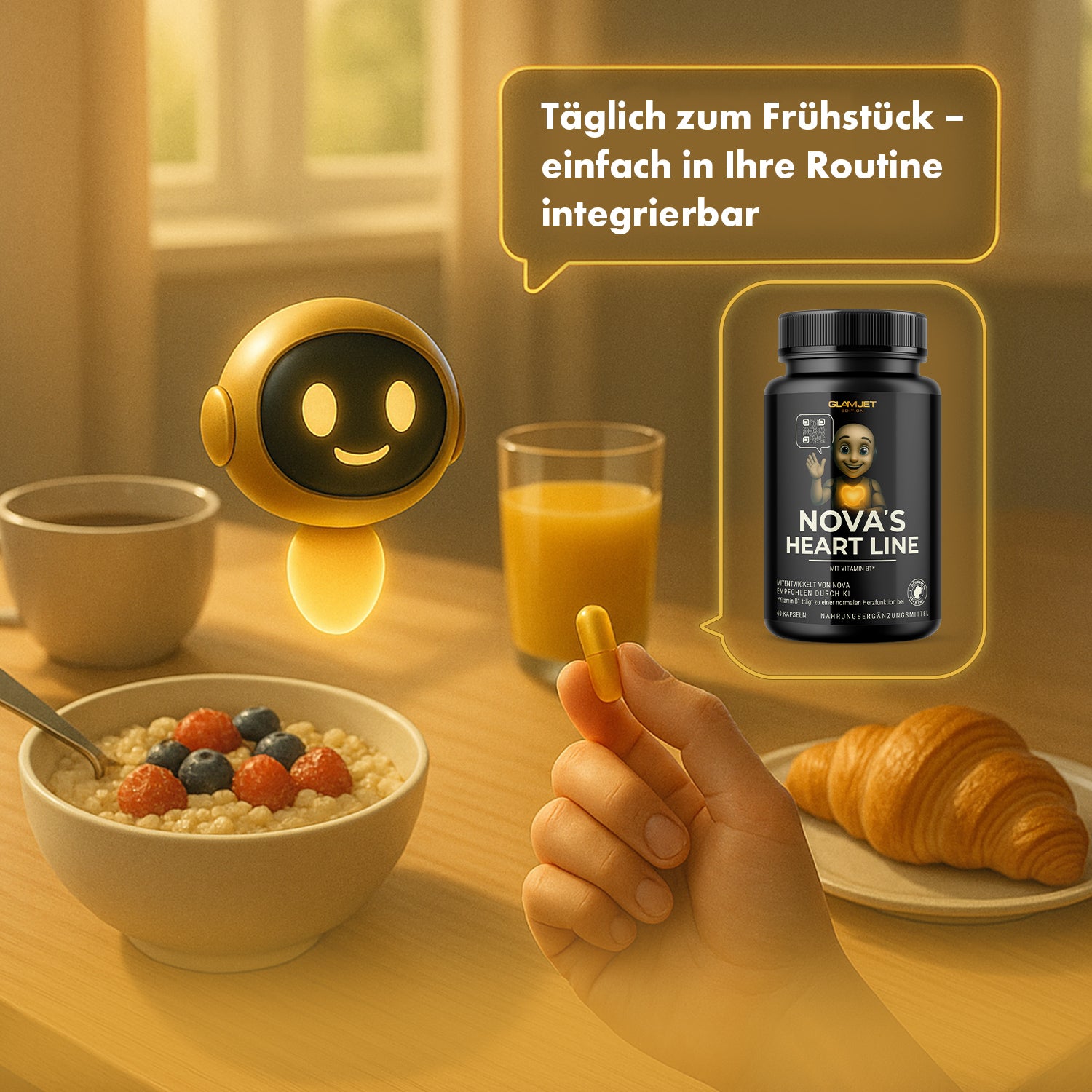 Hand holding capsule before breakfast with cereal juice croissant and can of Nova's Heart Line on the table