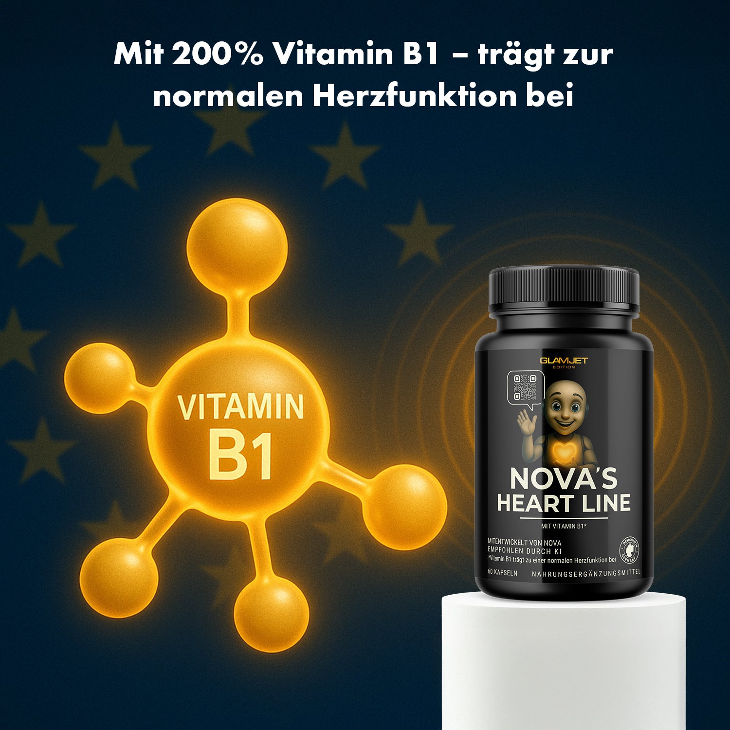 Black plastic container NOVA'S HEART LINE with 60 capsules next to yellow graphic Vitamin B1