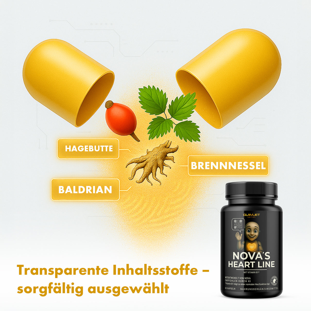 Geöffnete Kapsel mit Hagebutte Brennnessel und Baldrianwurzel neben Dose Nova’s Heart Line auf Weiß