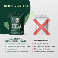 Thumbnail for Vergleich grüne Packung NOVA'S GREENS Pulver mit weißer Packung ohne Etikett und rotem Kreuz