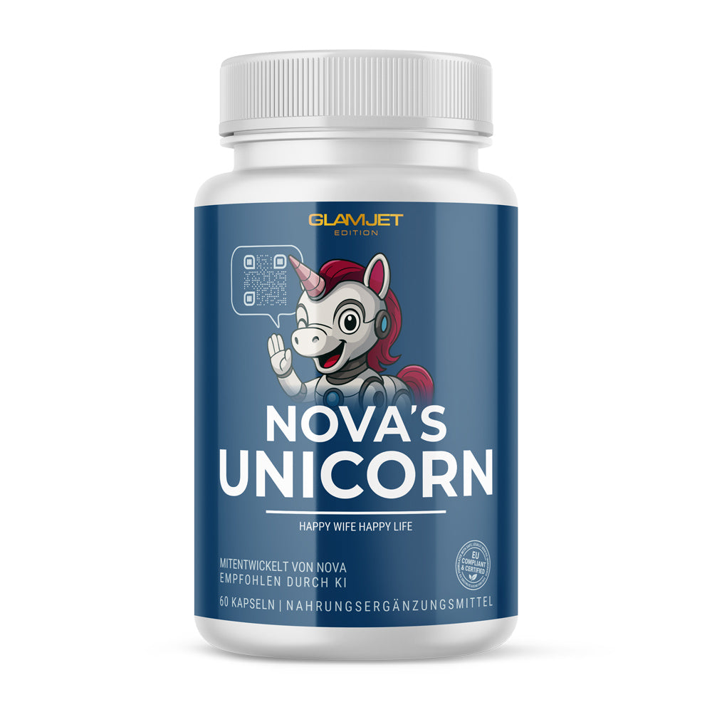 Weiße Kunststoffdose mit Aufdruck NOVA’S UNICORN und Roboter-Einhorn in GlamJet Edition