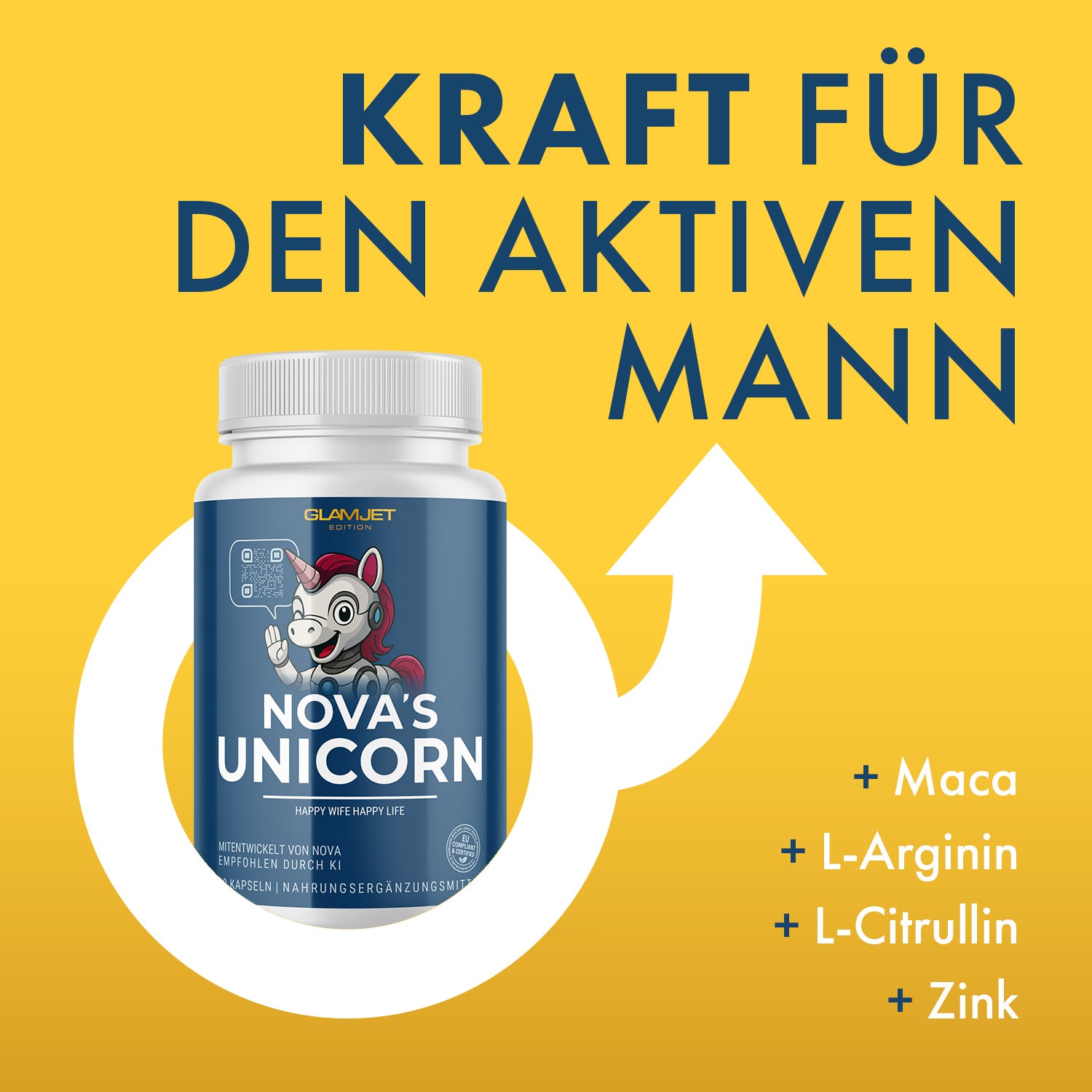 NOVA’S UNICORN auf gelber Fläche mit grafischem Pfeilkreis und Nährstoffliste rechts unten