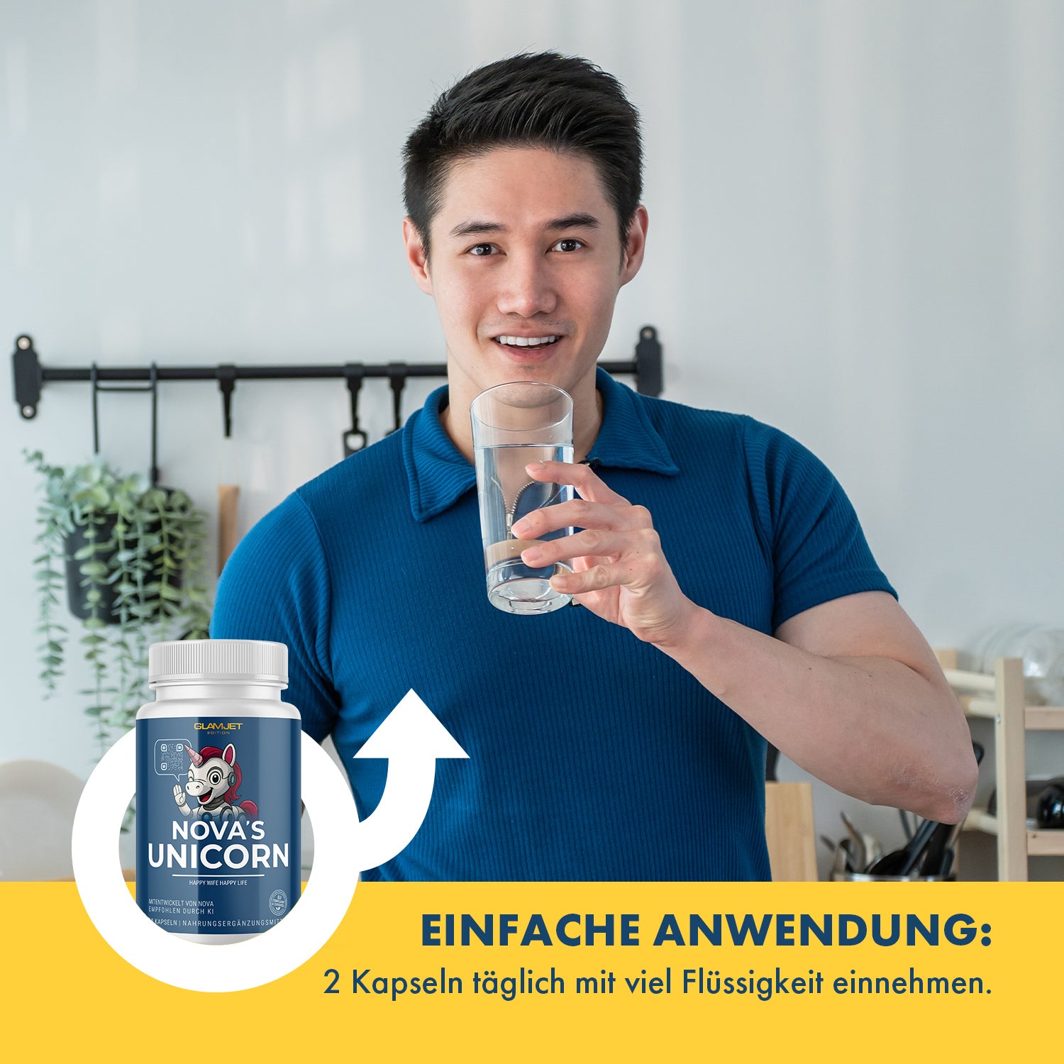 Junger Mann mit Glas Wasser und Kapseldose NOVA’S UNICORN auf gelbem Anwendungshinweis