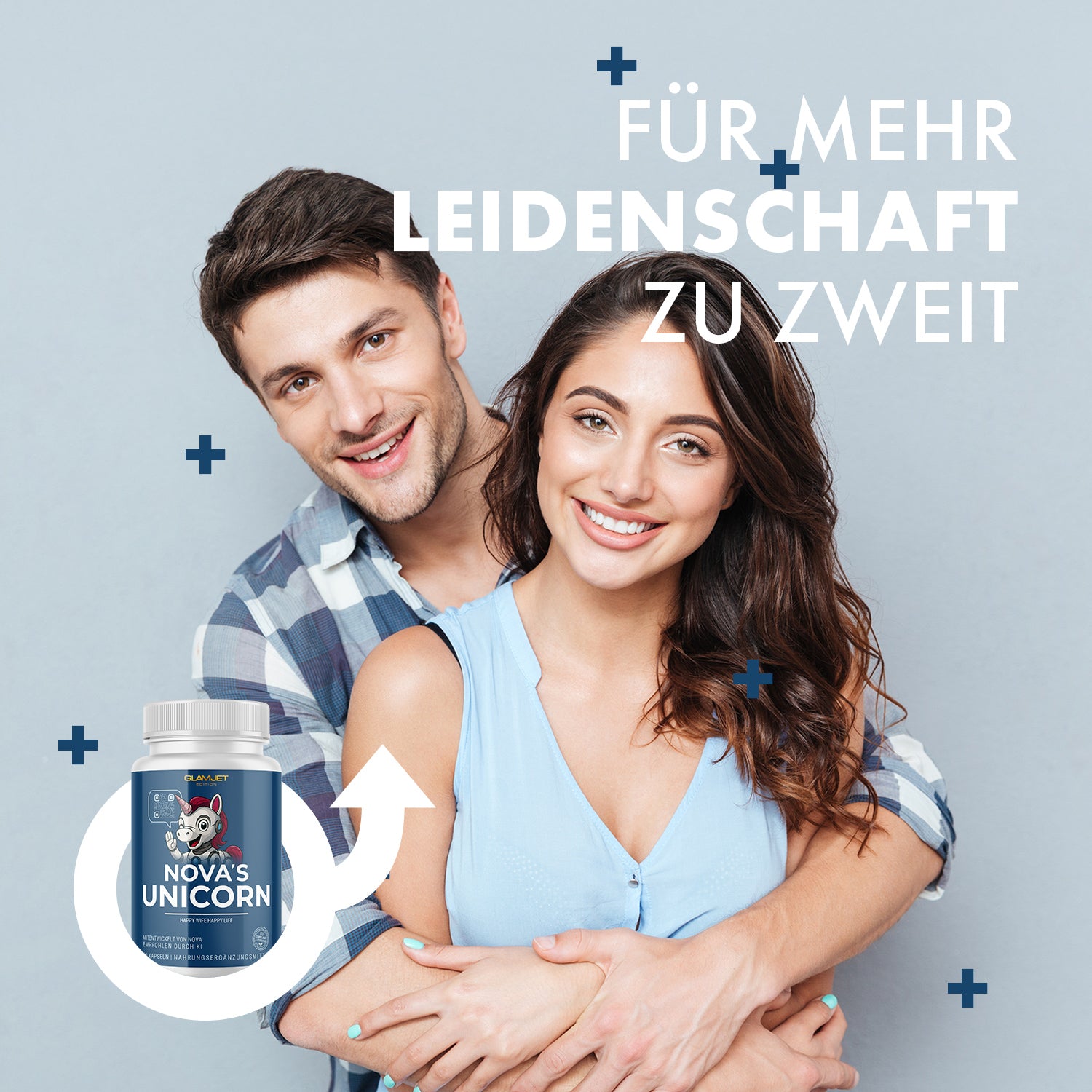 Lächelndes Paar umarmt sich vor grauem Hintergrund, daneben Dose NOVA’S UNICORN