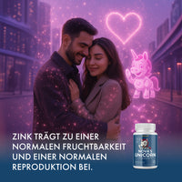 Thumbnail for Paar umarmt sich in Stadt bei Nacht, rosa Licht, Herzsymbol und Einhorn, Dose rechts unten
