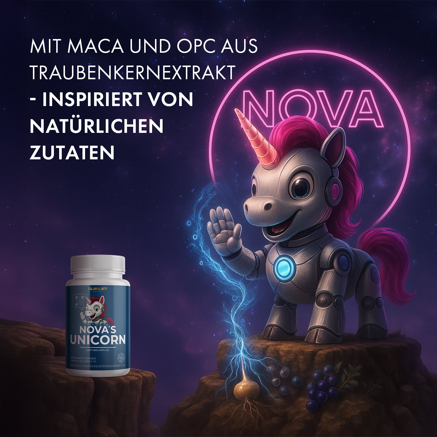 Kapseldose NOVA’S UNICORN mit Roboter-Einhorn, Maca-Wurzel, Trauben und Neon-Schriftzug
