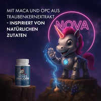 Thumbnail for Kapseldose NOVA’S UNICORN mit Roboter-Einhorn, Maca-Wurzel, Trauben und Neon-Schriftzug