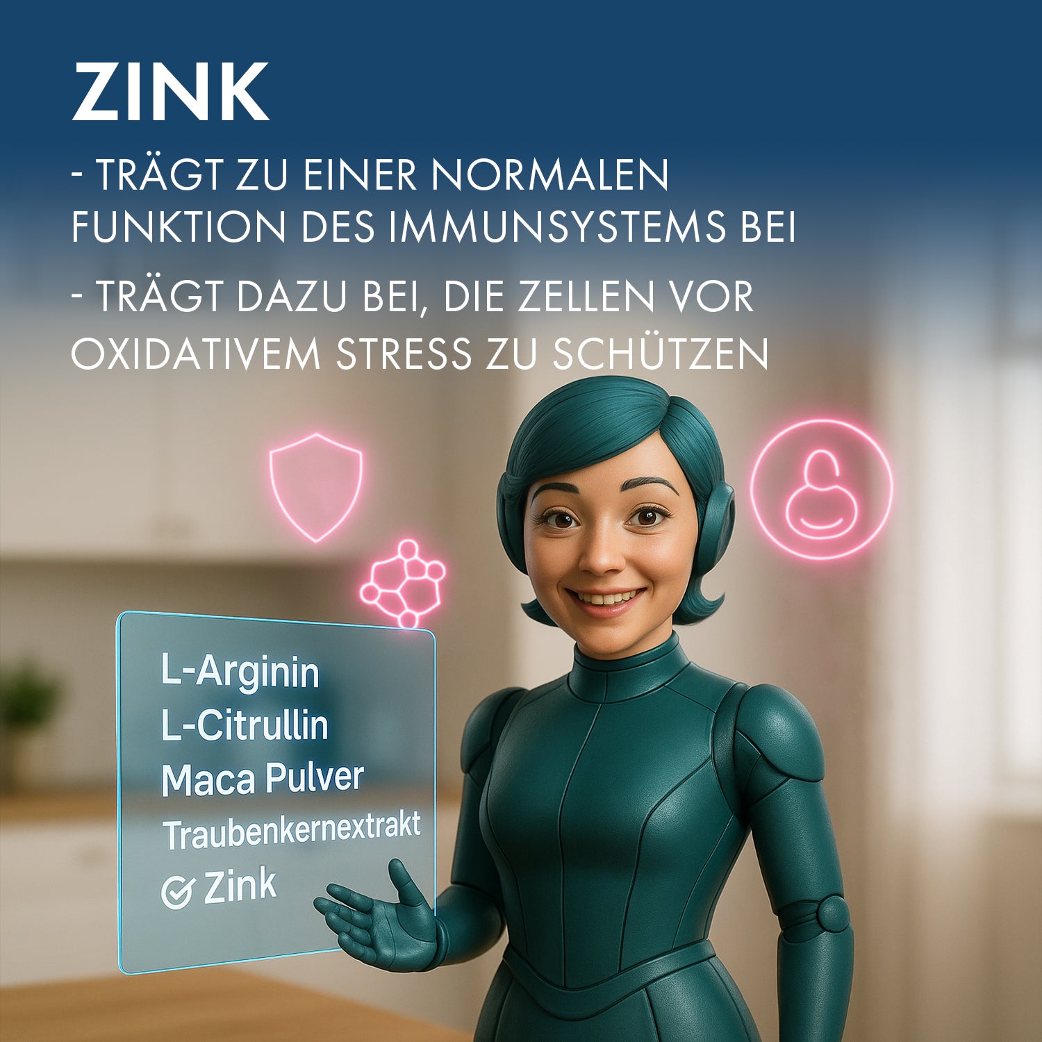 Weiblicher Roboter zeigt auf holografische Zutatentafel mit Zink und weiteren Inhaltsstoffen