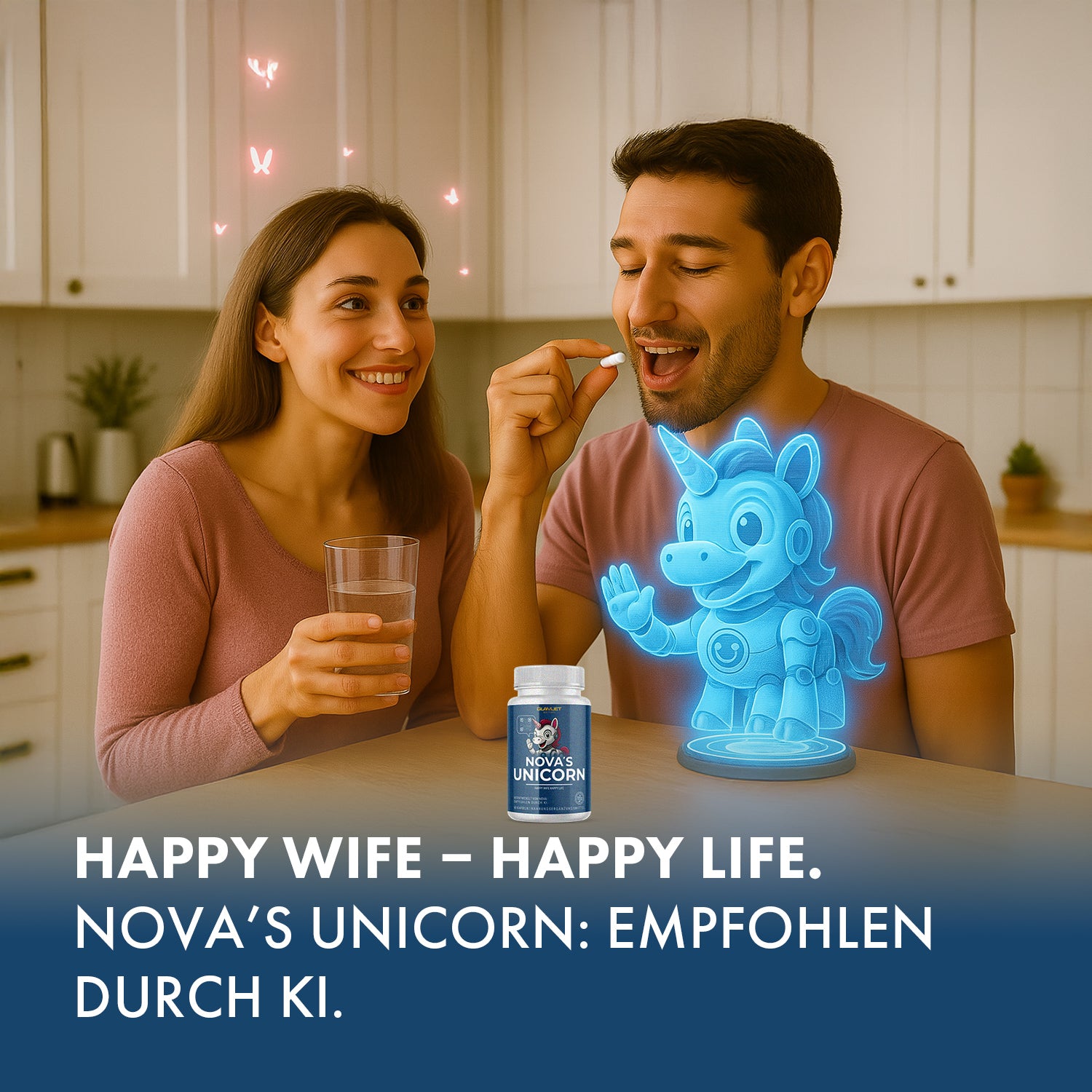 Paar in Küche mit Kapsel und Dose NOVA’S UNICORN, Hologramm eines Einhorns daneben