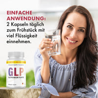 Thumbnail for Frau hält Wasserglas neben Glpremium Forte Dose mit 90 Kapseln und sichtbarem Einnahmehinweis
