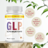 Thumbnail for Weiße Dose Glpremium Forte mit 90 Kapseln auf Holzpodest und vier Infokreisen rechts