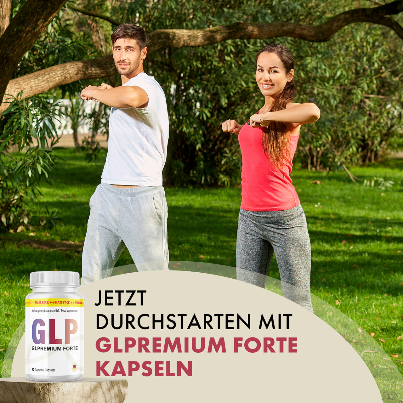 Zwei Personen trainieren im Park neben Glpremium Forte Dose mit 90 Kapseln und Textfeld