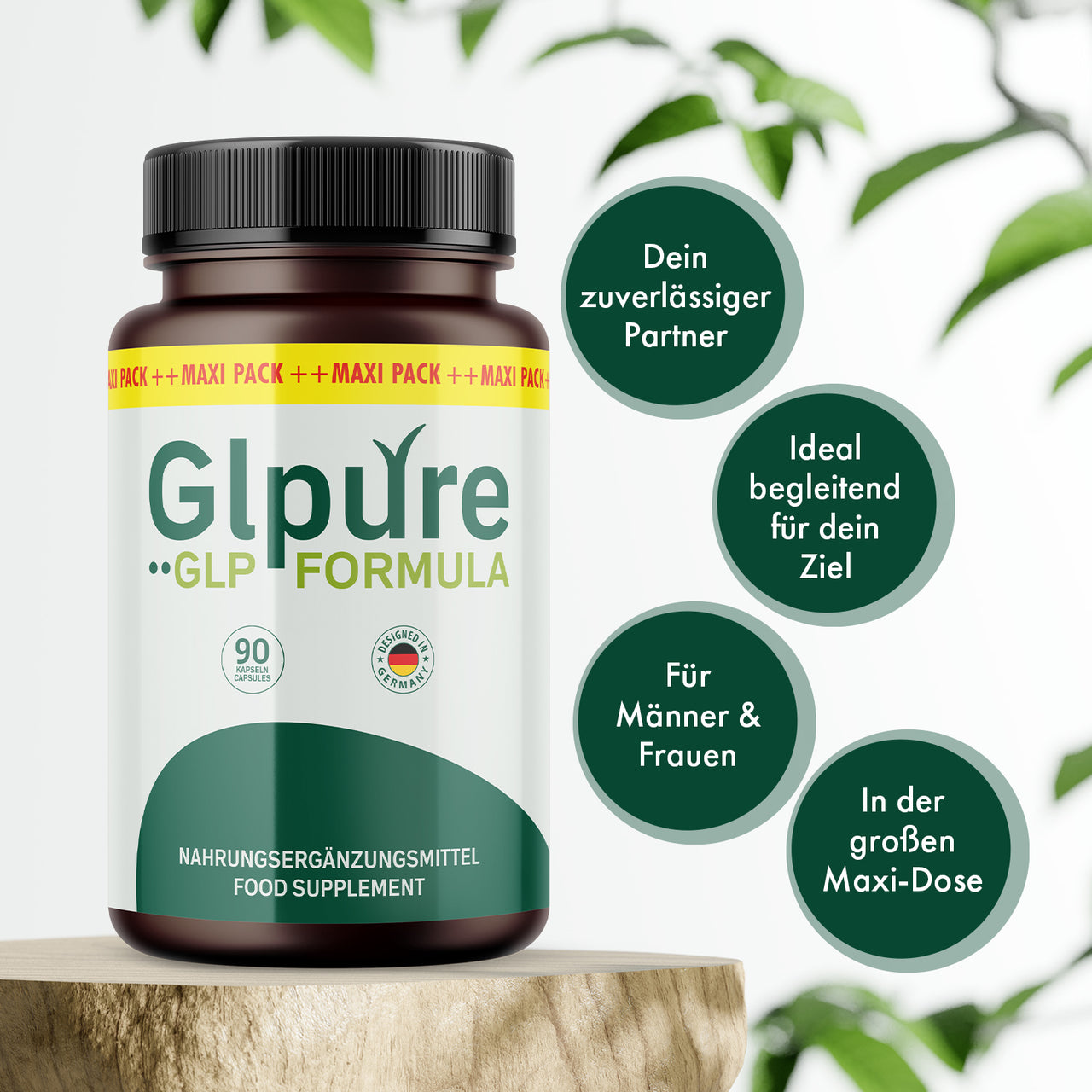Braune Glpure GLP Formula Dose auf Holzpodest mit grünen Vorteilshinweisen rechts im Bild