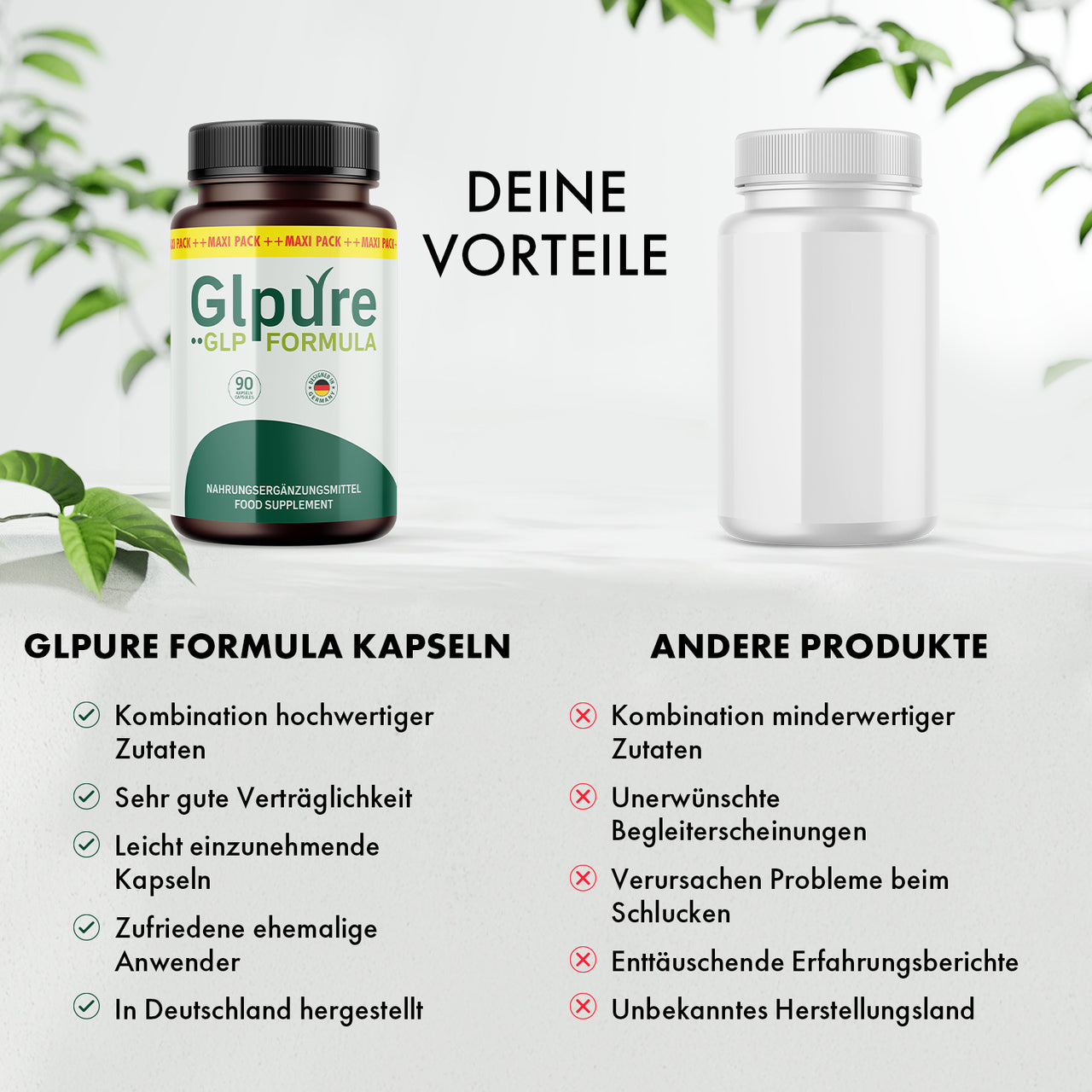 Glpure GLP Formula Dose neben anderer Dose, mit Vorteilen und Nachteilen in zwei Spalten unten