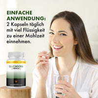 Thumbnail for Frau hält Kapsel und Wasserglas neben Dose Glucagora Premium, Einnahmehinweis: 2 Kapseln täglich