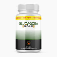 Thumbnail for Dose Glucagora Premium mit grün-schwarzem Etikett, 60 Kapseln und Hinweis Nahrungsergänzungsmittel