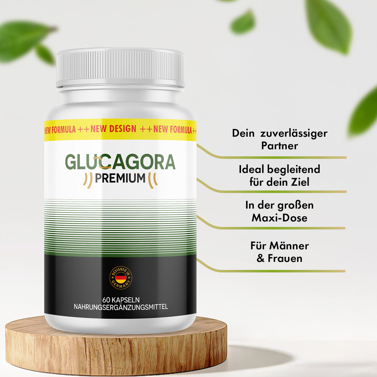 Dose Glucagora Premium auf Holzpodest mit Produktmerkmalen wie Maxi-Dose sowie für Männer und Frauen