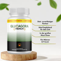 Thumbnail for Dose Glucagora Premium auf Holzpodest mit Produktmerkmalen wie Maxi-Dose sowie für Männer und Frauen