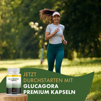Thumbnail for Frau joggt durch einen Park, daneben Dose Glucagora Premium und Schriftzug zum Durchstarten