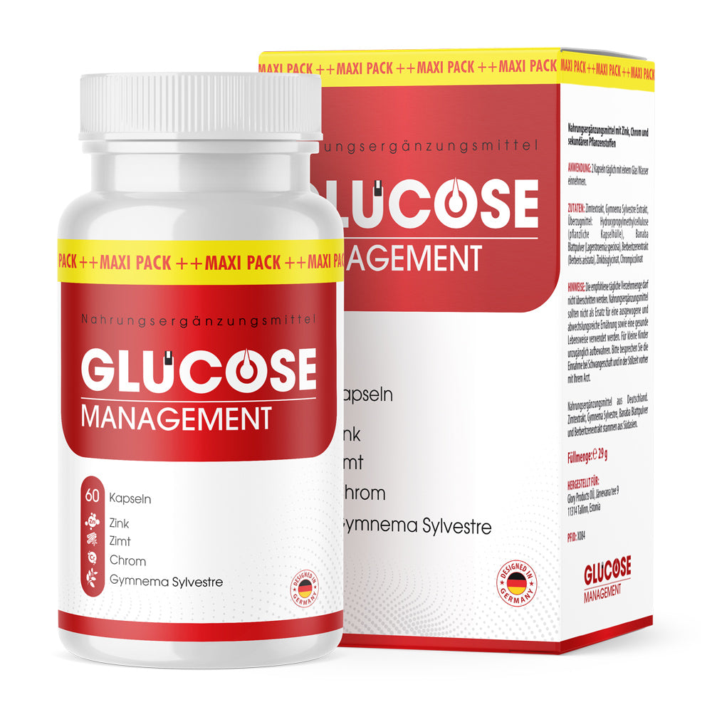 Kunststoffdose mit rotem Etikett Glucose Management, 60 Kapseln vor passender Faltschachtel