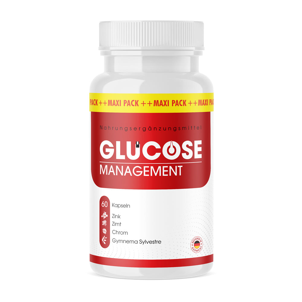 Dose mit Aufdruck Glucose Management, rotes Etikett, 60 Kapseln mit Zutatenliste