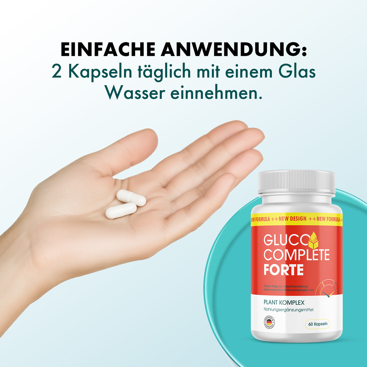 Gluco Complete Forte: Laut Anwendungsgrafik täglich zwei Kapseln mit einem Glas Wasser einnehmen